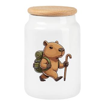 Niedliches Wandern Capybara Nager-Trekking-Kunst - Keksdose mit Holzdeckel - Weiß - Vorne