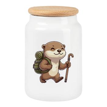 Niedliche Wander-Otter-Tier-Trekking-Kunst - Keksdose mit Holzdeckel - Weiß - Vorne