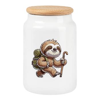 Cute Hiking Sloth Animal Trekking Art - Cookie Jar with Wooden Lid - white - Front