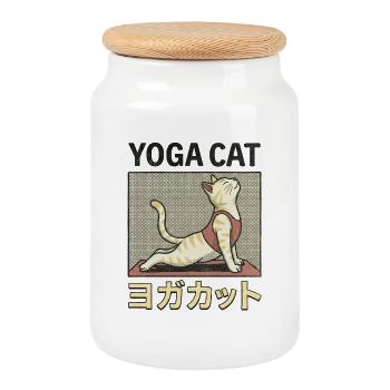 Chat de Yoga - Boîte à biscuits avec couvercle en bois - blanc - Devant