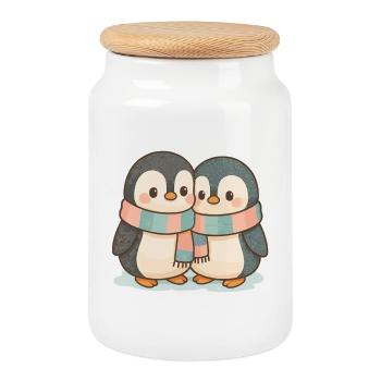 Kuschelnde Pinguine im Schnee: Süßes Pärchen-Motiv - Keksdose mit Holzdeckel - Weiß - Vorne