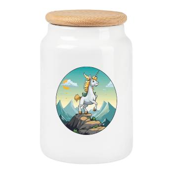 Unicorn on mountain top - Cookie Jar with Wooden Lid - white - Front