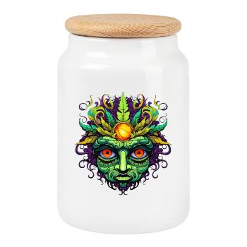 Psychedelisches Maskengesicht mit Sonnenkrone - Keksdose mit Holzdeckel - Weiß - Vorne