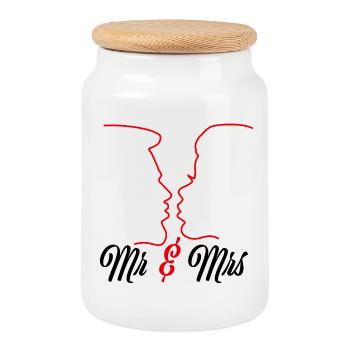 Mr. and Mrs - Just Married - Cookie Jar with Wooden Lid - white - Front