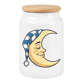 Dessin animé Lune avec Sleepy Cap - Boîte à biscuits avec couvercle en bois - blanc - Devant