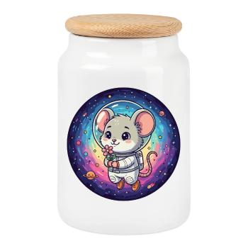 Mouse in astronaut suit with flower in space - Cookie Jar with Wooden Lid - white - Front