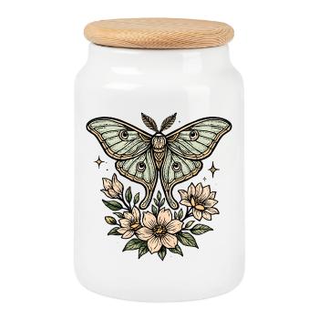 Papillon de nuit avec bouquet de fleurs - Boîte à biscuits avec couvercle en bois - blanc - Devant