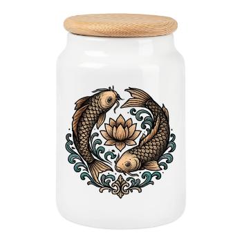 Koi und Lotus Kreis Harmonie Tattoo - Keksdose mit Holzdeckel - Weiß - Vorne