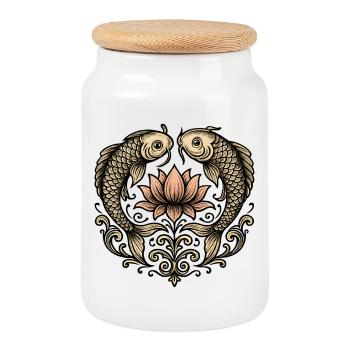 Koi and Lotus: Elegant Ornament - Cookie Jar with Wooden Lid - white - Front
