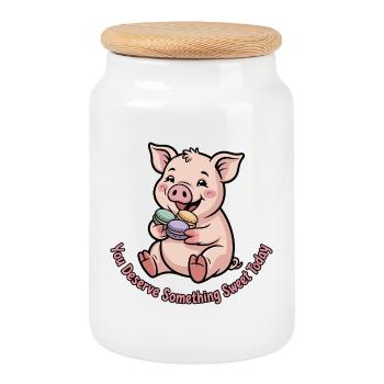 Sweet piggy with macaron - Cookie Jar with Wooden Lid - white - Front