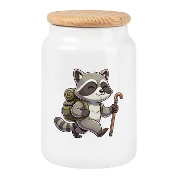 Cute Hiking Raccoon Trash Panda Trekking - Cookie Jar with Wooden Lid - white - Front