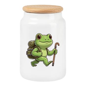 Cute Hiking Frog Amphibian Trekking Art - Cookie Jar with Wooden Lid - white - Front