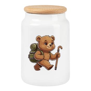 Cute Hiking Bear Animal Trekking Art - Cookie Jar with Wooden Lid - white - Front