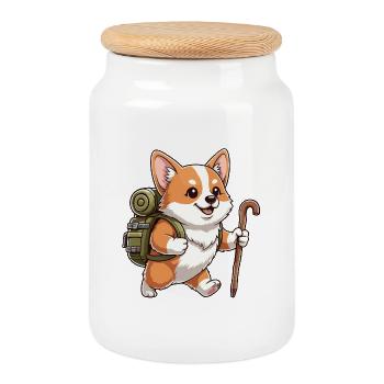 Cute Hiking Corgi Dog Trekking Art - Cookie Jar with Wooden Lid - white - Front