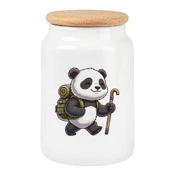 Cute Hiking Panda Bear Trekking Art - Cookie Jar with Wooden Lid - white - Front