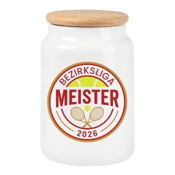 Tennis Meister 2026, Bezirksliga Meister Geschenk - Keksdose mit Holzdeckel - Weiß - Vorne