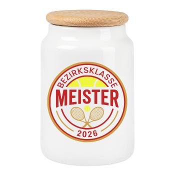 Tennis Meister 2026, Bezirksklasse Meister Tasse - Keksdose mit Holzdeckel - Weiß - Vorne