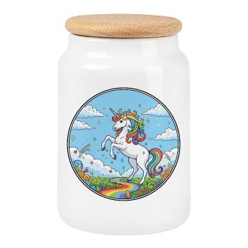 Motif coloré de la licorne de la rivière arc-en-ciel - Boîte à biscuits avec couvercle en bois - blanc - Devant