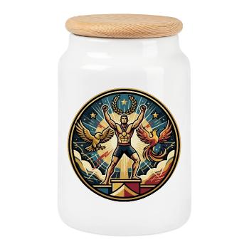 Motif de l’emblème du triomphe du héros : Athlète, sportif, sportif - Boîte à biscuits avec couvercle en bois - blanc - Devant