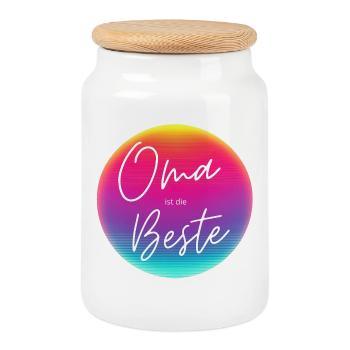 Oma ist die Beste! Neon Kreis Personalisierbar - Keksdose mit Holzdeckel - Weiß - Vorne