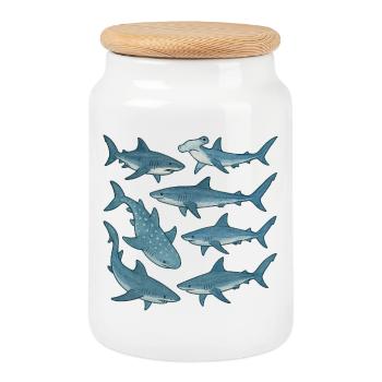 Blue Shark Parade Ocean Print - Cookie Jar with Wooden Lid - white - Front