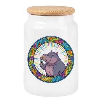 Cheerful hippo hippo with flower children's motif - Cookie Jar with Wooden Lid - white - Front