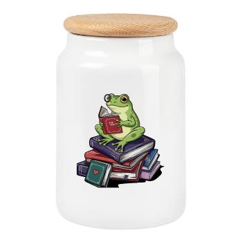 Rat de bibliothèque, grenouille Amphibien, lecture de livres Art - Boîte à biscuits avec couvercle en bois - blanc - Devant
