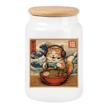 Japanese Ramen Cat Gaming Otaku Noodle Bowl - Cookie Jar with Wooden Lid - white - Front