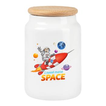 J’ai besoin de plus d’espace. Illustration d’astronaute sur fusée - Boîte à biscuits avec couvercle en bois - blanc - Devant