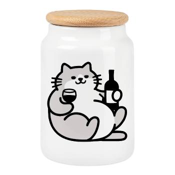 Chat avec illustration de vin - Boîte à biscuits avec couvercle en bois - blanc - Devant