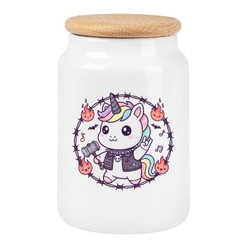 Kawaii Metal Einhorn - Rock Punk Unicorn - Keksdose mit Holzdeckel - Weiß - Vorne