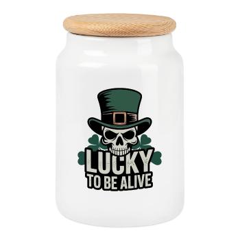 Glücksschädel: Lucky to be Alive - Keksdose mit Holzdeckel - Weiß - Vorne