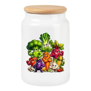 Strong vegetables in a comic look - Cookie Jar with Wooden Lid - white - Front