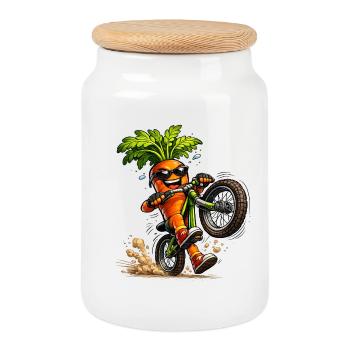 Cool carrot on the bike - Cookie Jar with Wooden Lid - white - Front