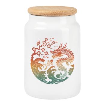 Drache & Koi Kreisdesign - Keksdose mit Holzdeckel - Weiß - Vorne