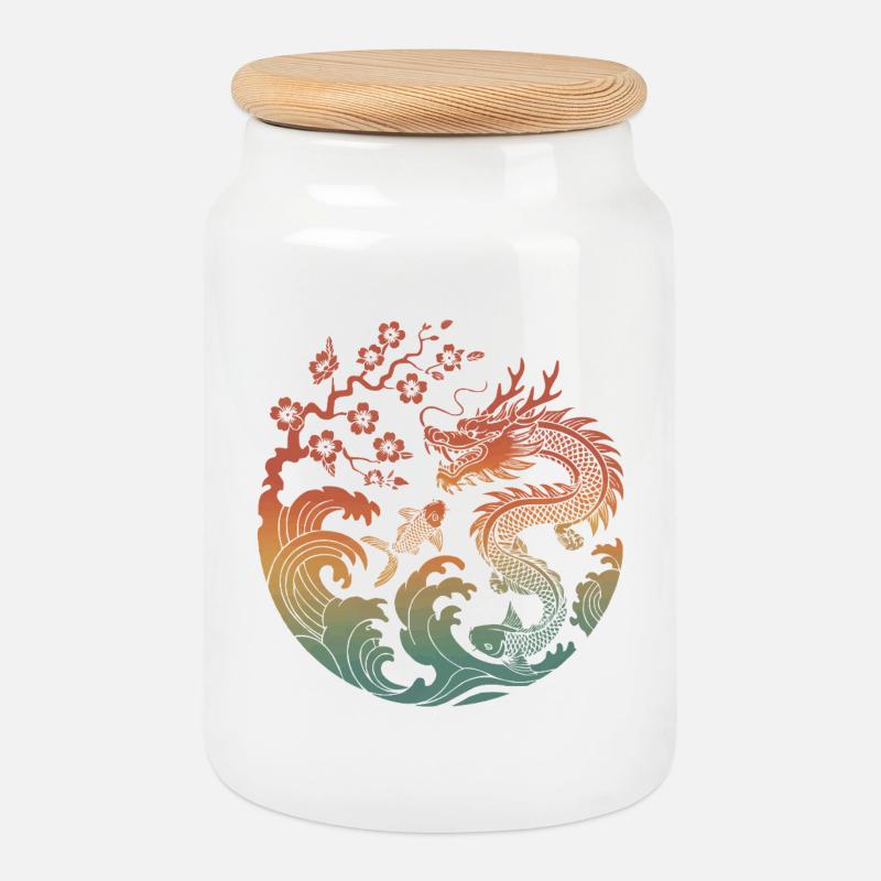 Drache & Koi Kreisdesign - Keksdose mit Holzdeckel - Weiß