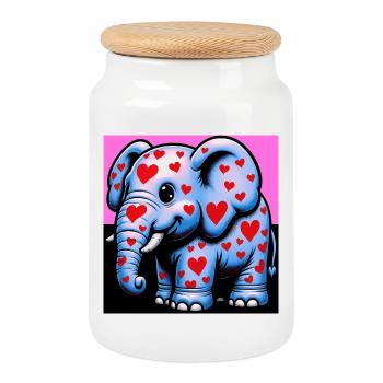 Elephant with Heart and Hearts - Cookie Jar with Wooden Lid - white - Front
