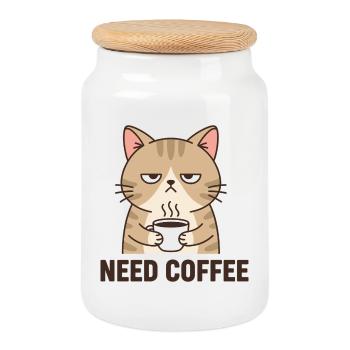 Coffee Angry Cat - Cookie Jar with Wooden Lid - white - Front