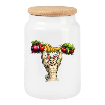 Bunny with muscles and vegetable barbell - Cookie Jar with Wooden Lid - white - Front
