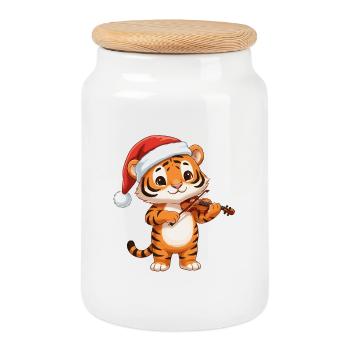Christmas Tiger Cat Playing Violin Art - Cookie Jar with Wooden Lid - white - Front