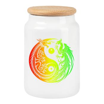Yin Yang Dragon and Phoenix - Cookie Jar with Wooden Lid - white - Front