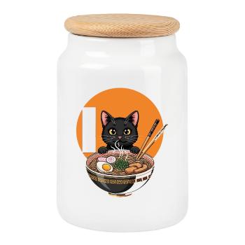Cute Kawaii Cat Eating Ramen Funny Japanese Anime - Cookie Jar with Wooden Lid - white - Front