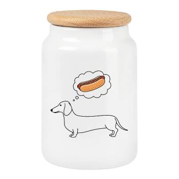Le teckel pense à un hot-dog - Boîte à biscuits avec couvercle en bois - blanc - Devant