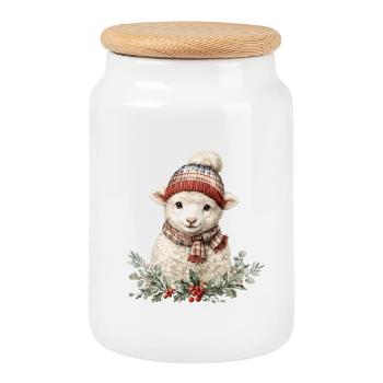 Brebis d’hiver avec écharpe - Boîte à biscuits avec couvercle en bois - blanc - Devant