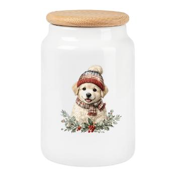 Chien Winter Paw avec Chapeau - Boîte à biscuits avec couvercle en bois - blanc - Devant