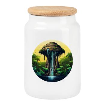 Tropical rock waterfall in the jungle - Cookie Jar with Wooden Lid - white - Front