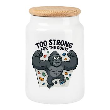 Bouldering Shirt Funny – Gorilla "Too Strong" - Cookie Jar with Wooden Lid - white - Front