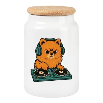Retro DJ Zwergspitz: Pomeranian at the turntable - Cookie Jar with Wooden Lid - white - Front