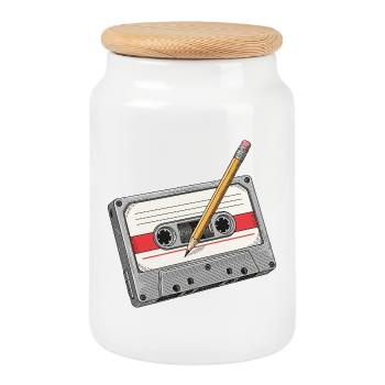 Analogkassette mit Bleistift - Keksdose mit Holzdeckel - Weiß - Vorne