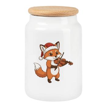 Christmas Fox Animal Playing Violin Art - Cookie Jar with Wooden Lid - white - Front